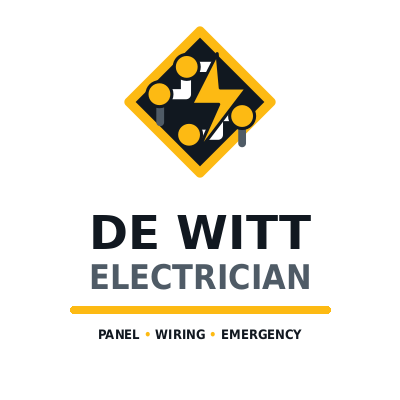 De Witt Electrician logo with yellow diamond lightning icon and text “PANEL • WIRING • EMERGENCY”