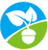 A circular logo split diagonally by blue and green, featuring a white stylized acorn and two leaves.