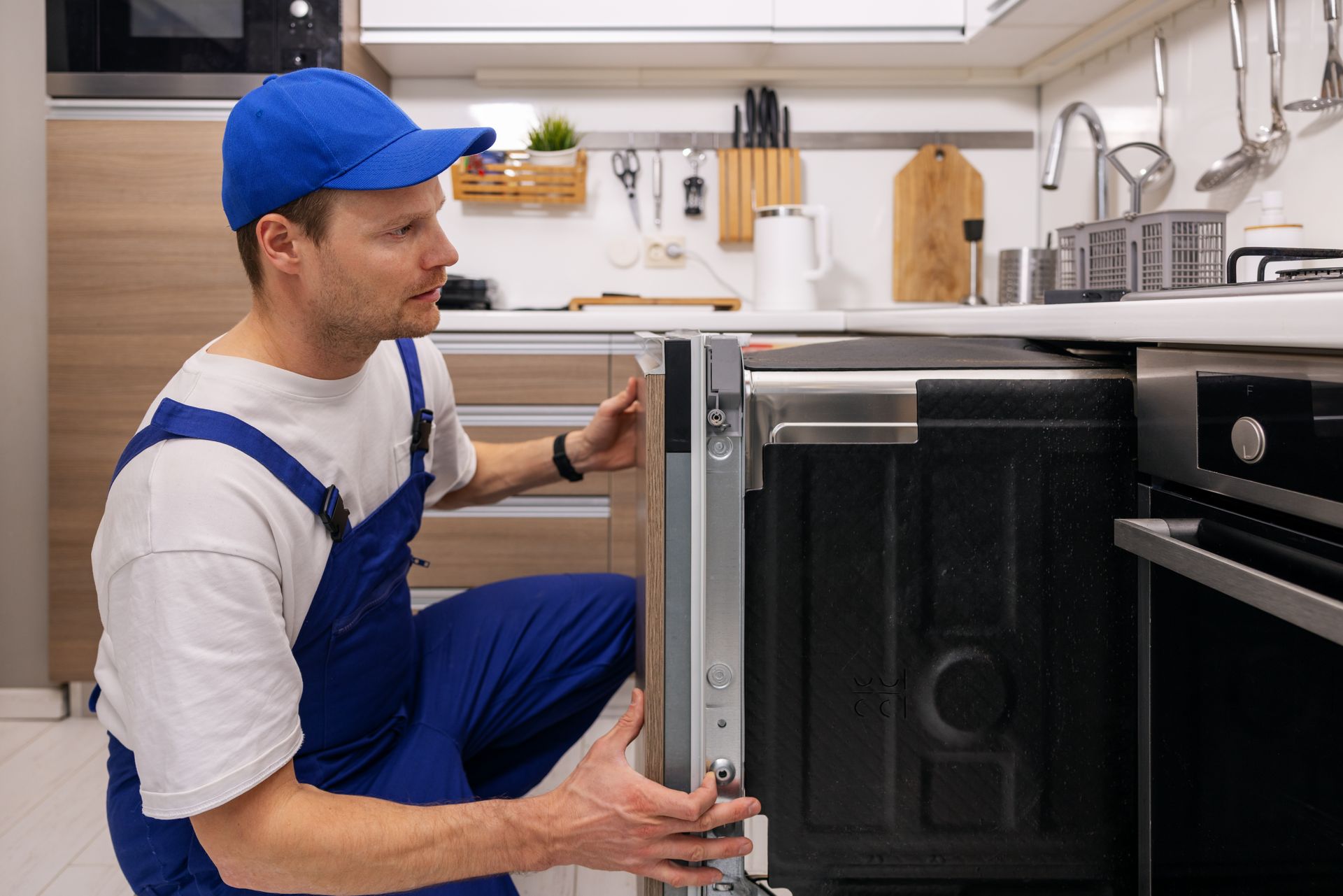 Photograph of a technician in blue overalls and cap inspecting an open oven in a modern kitchen.