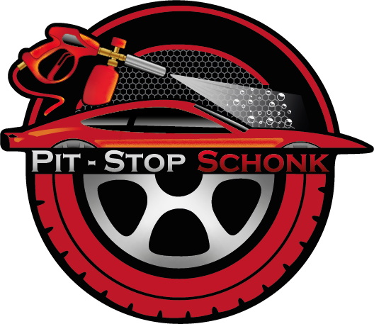 Pit-Stop Schonk-logo met rode band, zilveren moersleutel en spuitbus op een zwarte achtergrond.