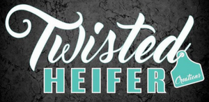 Twisted Heifer Creations logo in white and teal on a dark textured background