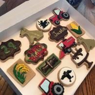Assorted decorated cookies in a box, shaped like tractors, fields, and wheat in green, red, and brown.