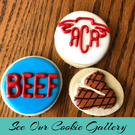 Decorated cookies reading “BEEF” and “ACA,” with a cookie gallery banner