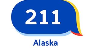 211 Alaska logo: blue speech bubble with white "211" and blue "Alaska" text below.