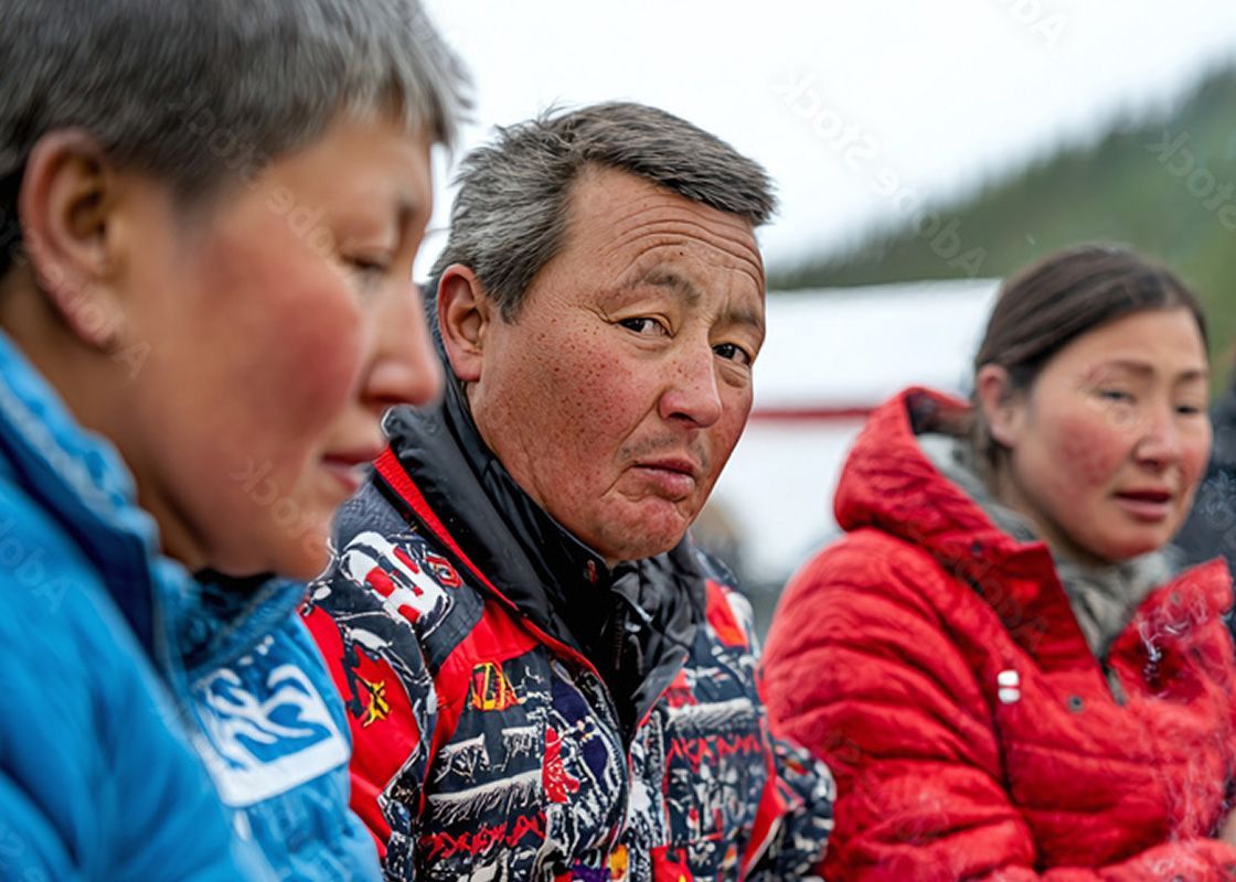 Three people outdoors; center person looking at camera, wearing a patterned jacket, others in blue and red jackets.
