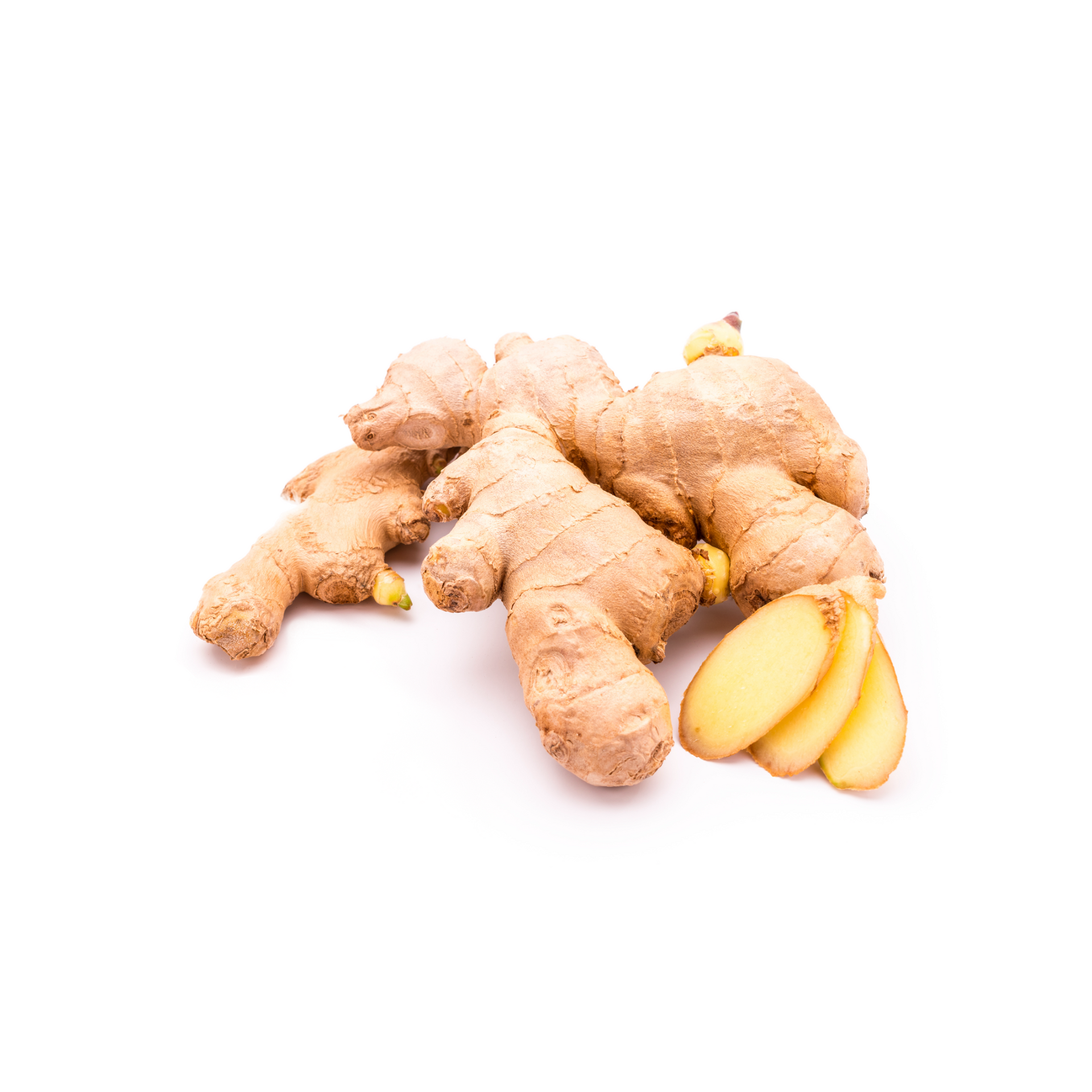 Fresh ginger roots with sliced pieces on a white background