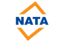 NATA logo with blue text and orange geometric chevrons above and below