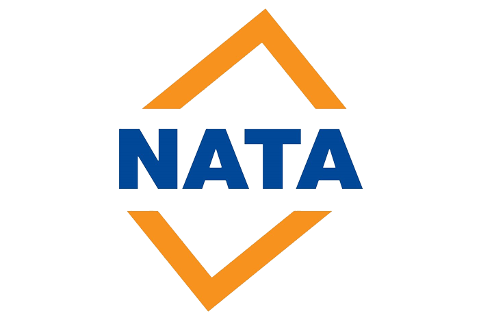 NATA logo with blue text and orange geometric chevrons above and below