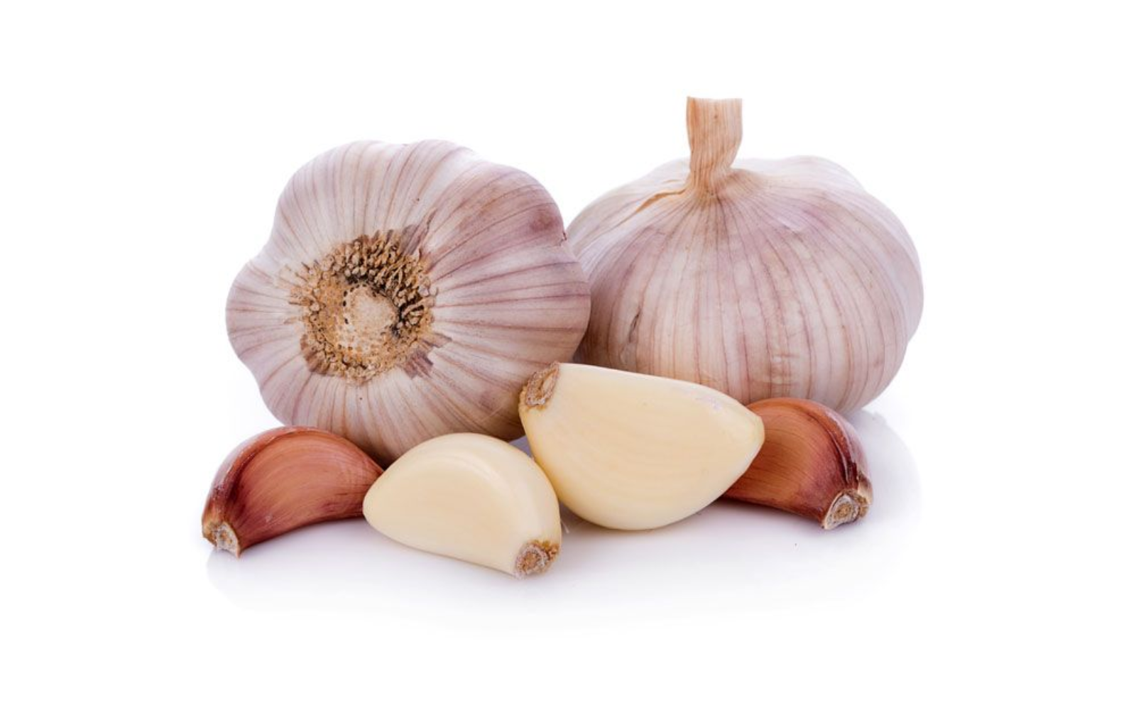 Whole garlic bulb with peeled cloves and garlic halves on a white background