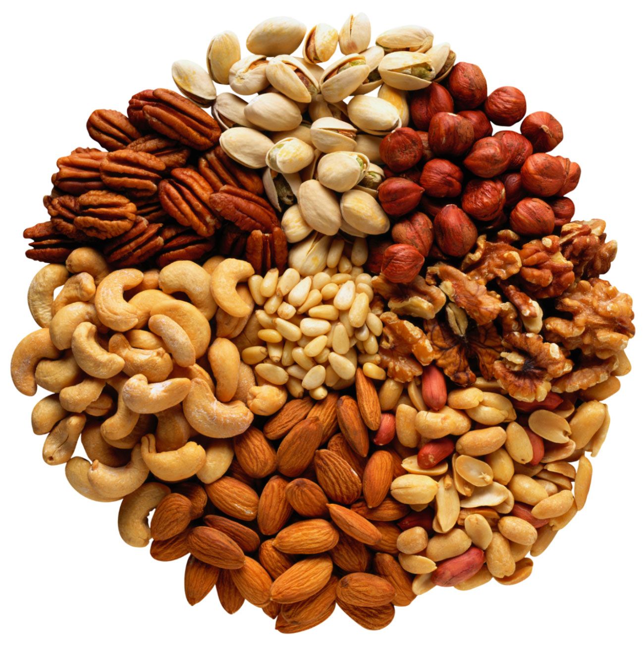 Assorted mixed nuts in a circular pile on a white background