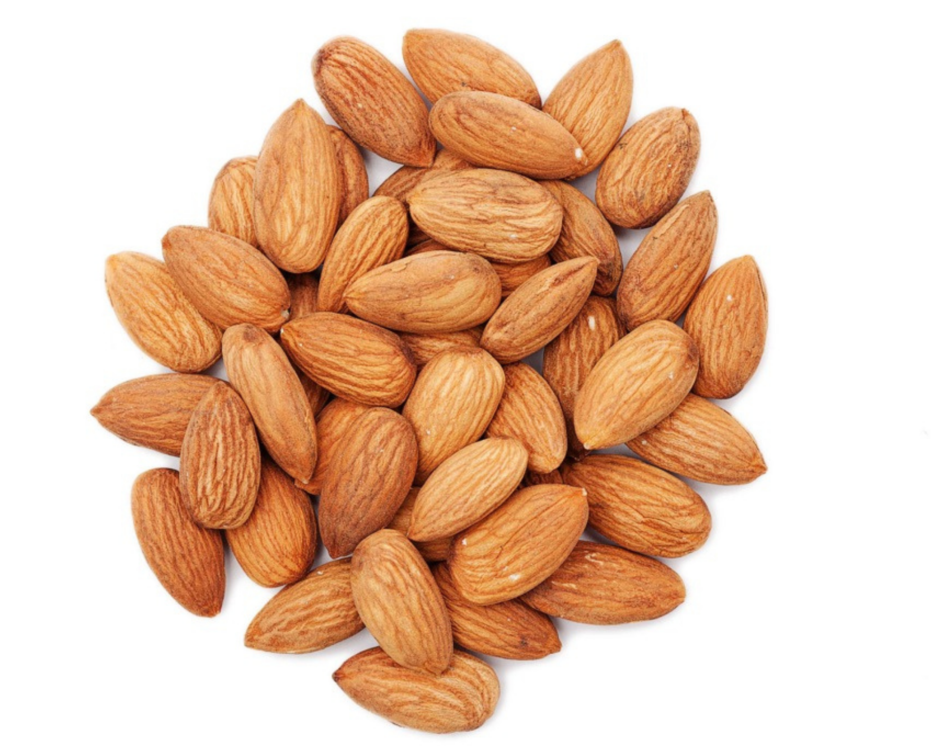A pile of brown almonds on a white background