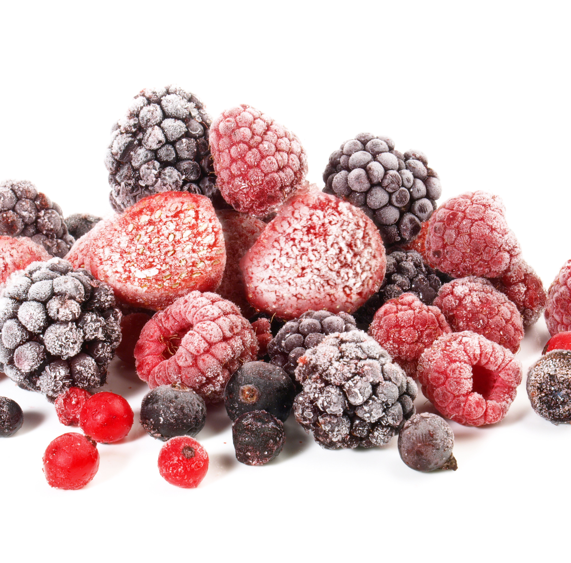 Frozen mixed berries dusted with frost on a white background