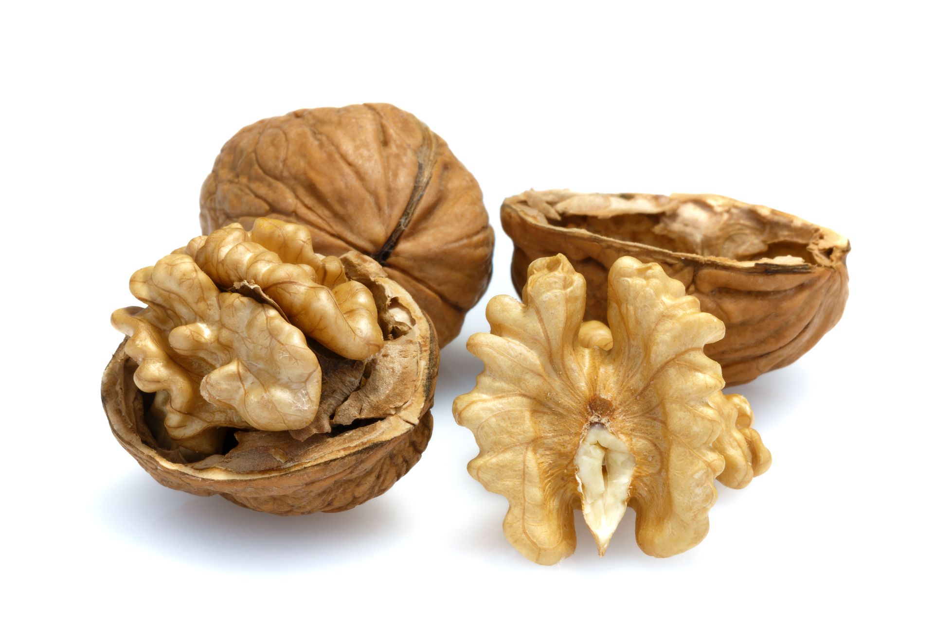 Walnuts in shells, with one halved walnut showing the kernel