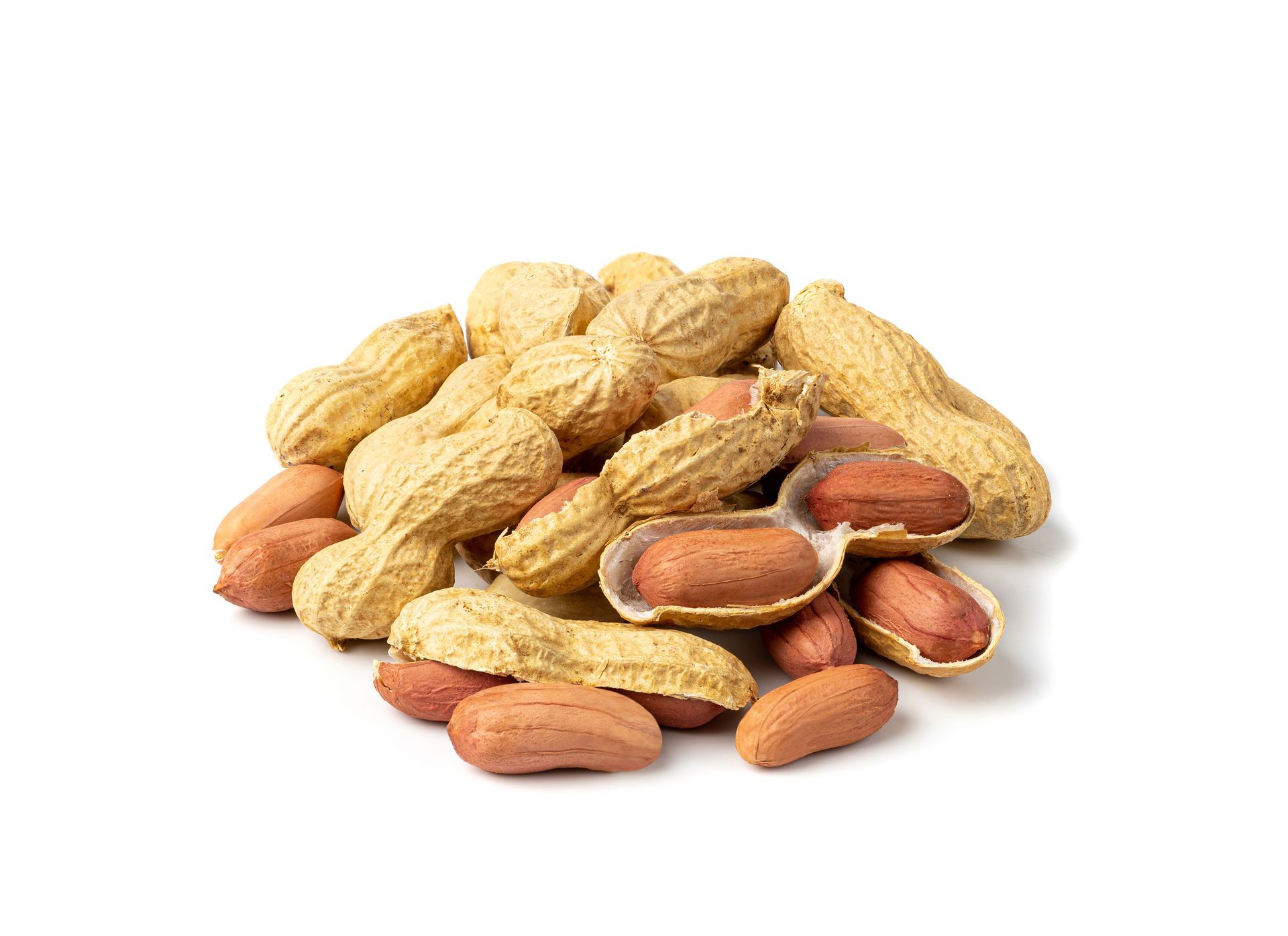 Pile of unshelled peanuts on a white background