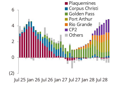 US LNG feedgas demand by terminal y/y, bcf/d