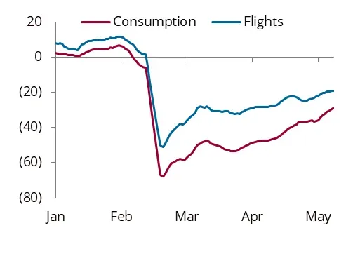 Fig 9: Middle East jet fuel consumption and flight activity, % y/y