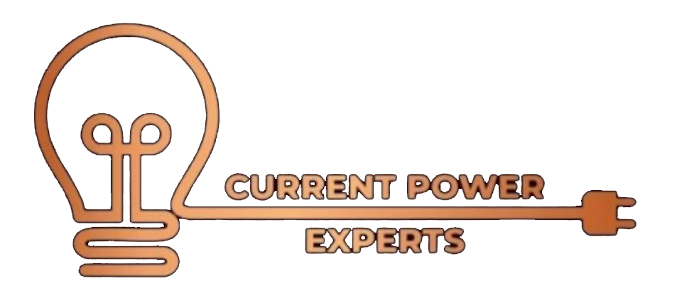 A copper-colored logo showing a lightbulb integrated into an electrical cord, with the text "CURRENT POWER EXPERTS."