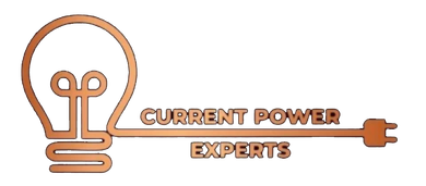 A copper-colored logo showing a lightbulb integrated into an electrical cord, with the text "CURRENT POWER EXPERTS."
