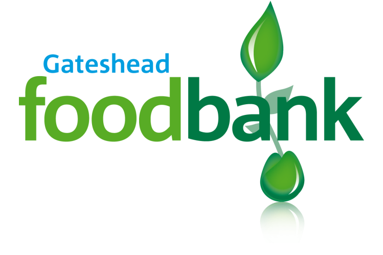Gateshead Foodbank logo with green text and leaf sprout icon on white background
