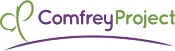 ComfreyProject logo with green leaf icon and purple text over a curved purple line