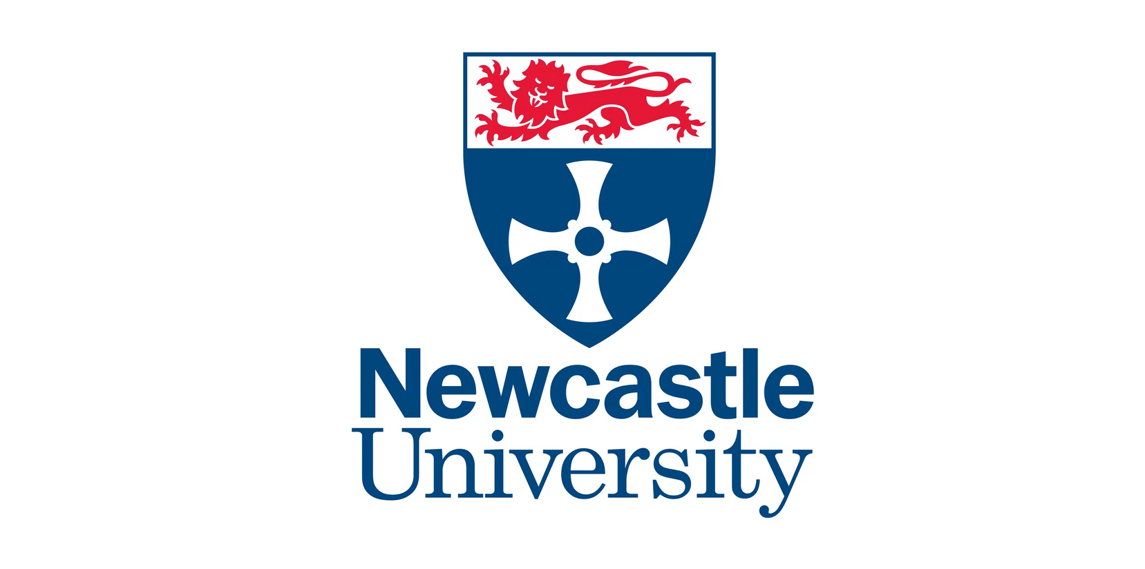 Newcastle University logo with red heraldic crest and blue text on white background