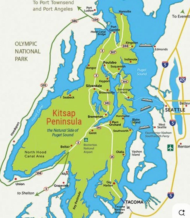 Map of Kitsap Peninsula in Washington state, showing roads, towns, and surrounding waterways.