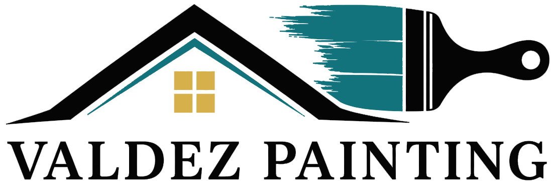 Valdez Painting logo with a house roof, paint stroke, and black text on a white background