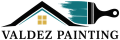Valdez Painting logo with a house roof, paint stroke, and black text on a white background