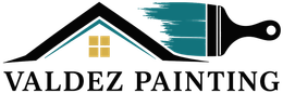 Valdez Painting logo with a house roof, paint stroke, and black text on a white background