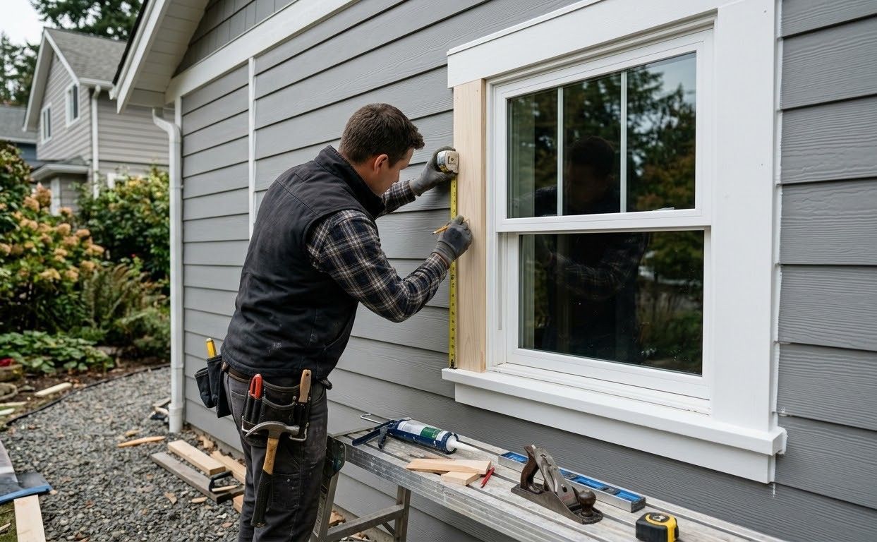 Person applying plaster to damaged baseboard with putty knife beside a window.