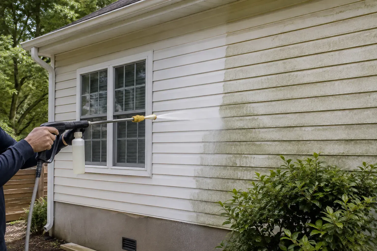 Power washing white house siding near a window, with visible green mildew stains