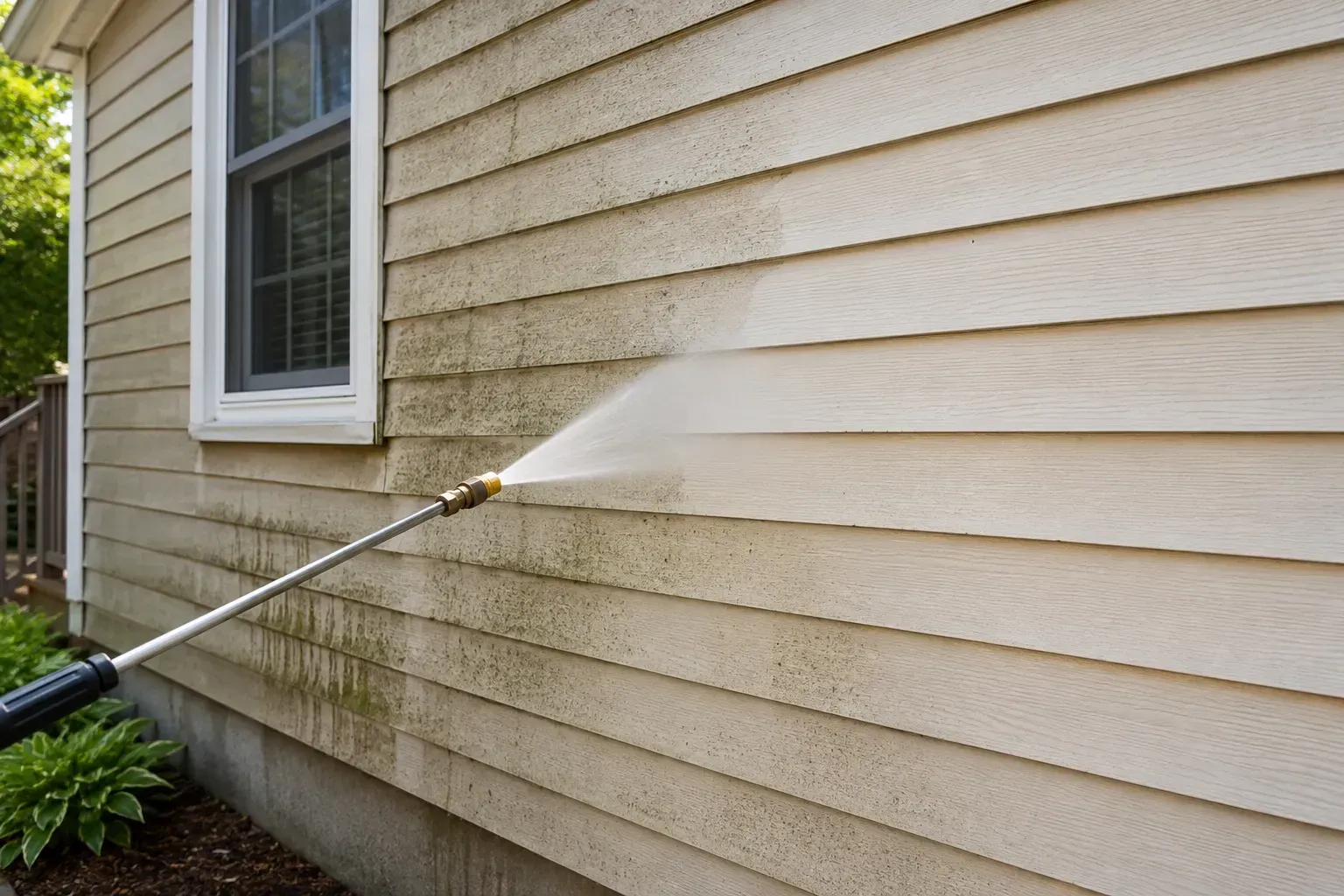 Person spraying water on beige house siding with a hose nozzle near a window