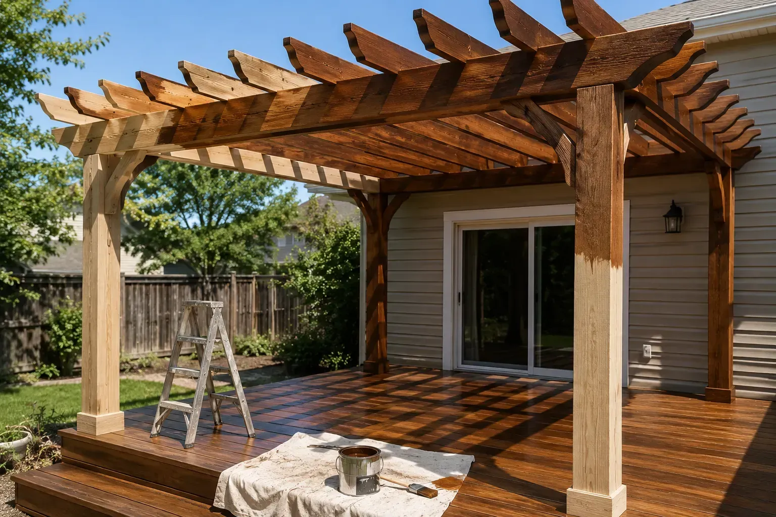 Wooden backyard deck with a pergola, sliding glass door, and ladder in sunlight