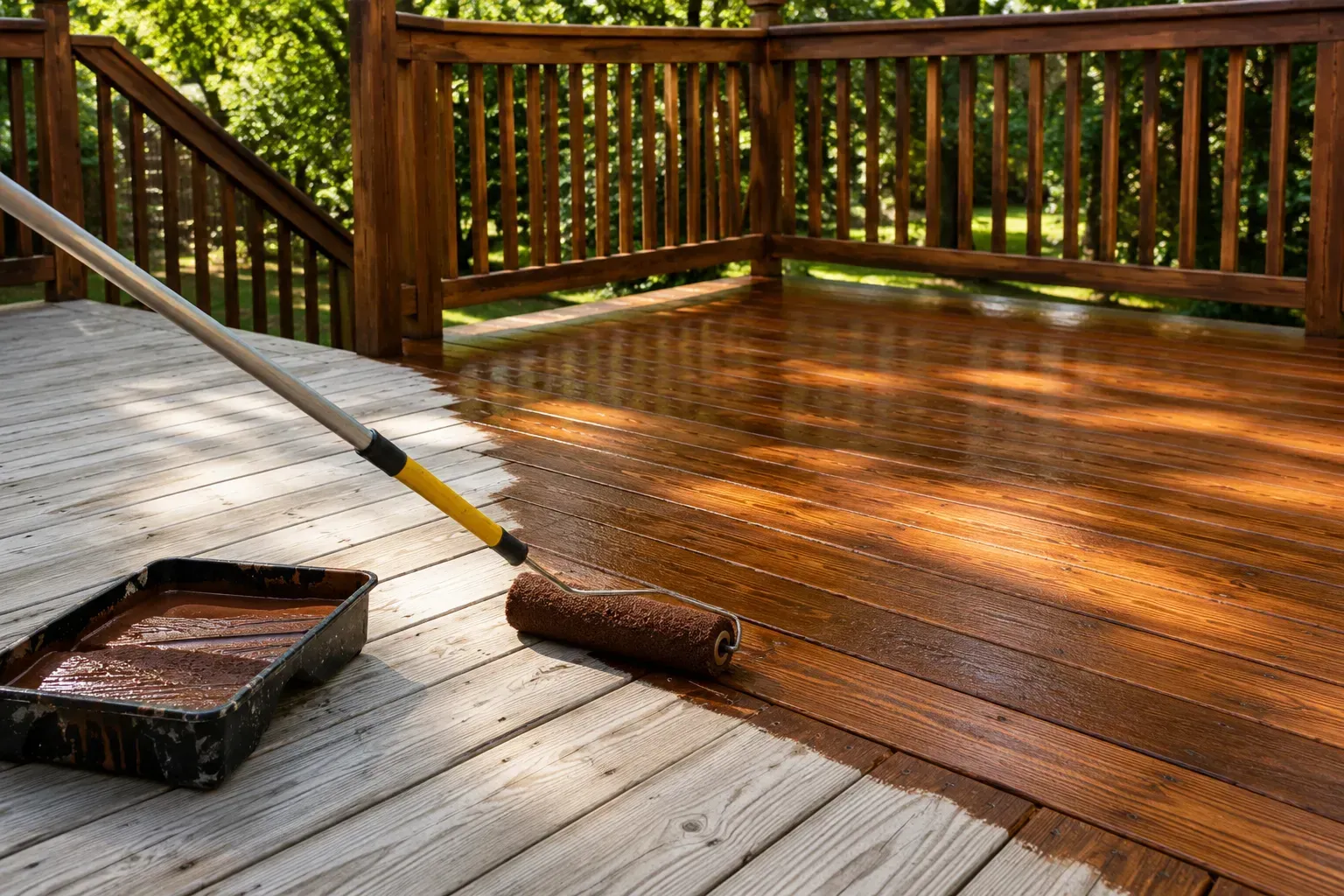 Damaged wooden deck with peeling white paint and a separated brown board section in sunlight