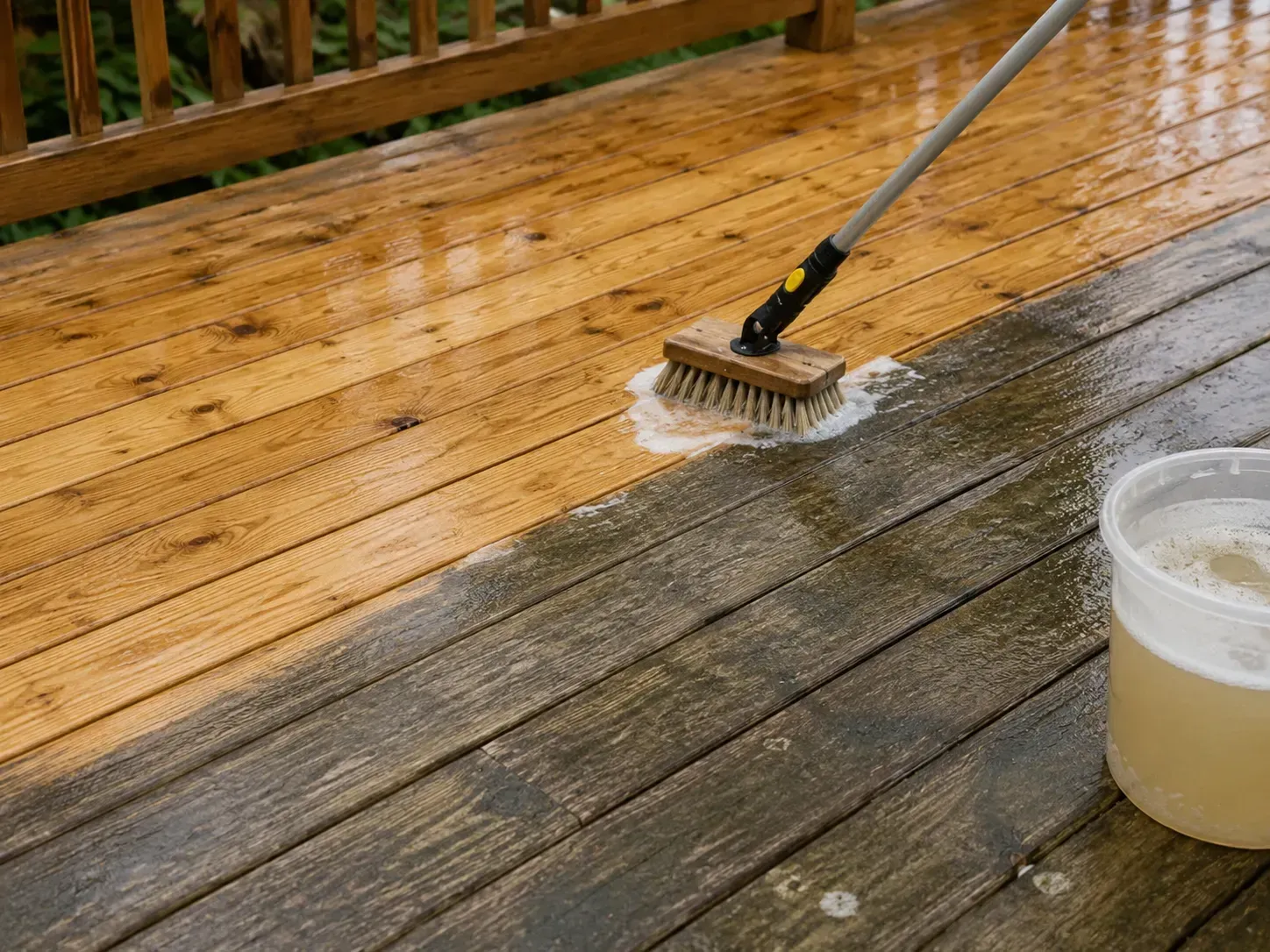 Person scrubbing a wet wooden deck with a brush and soapy cleaner