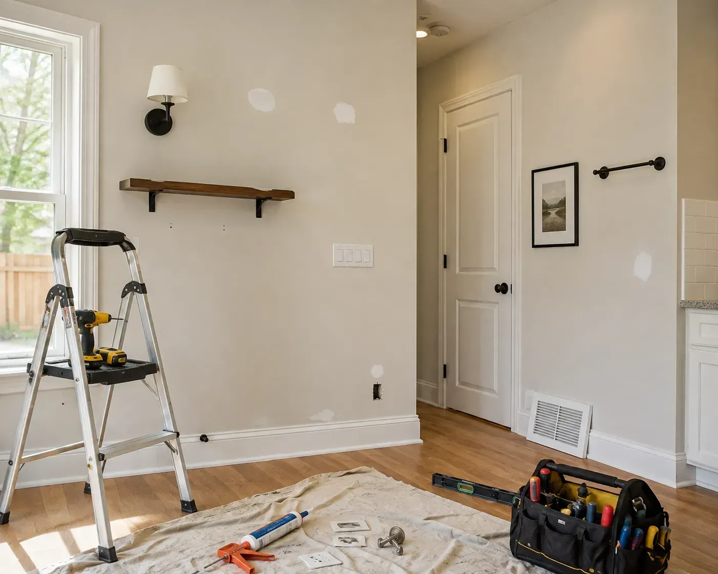 Interior room under renovation with ladder, tools, and paint patches on beige walls.