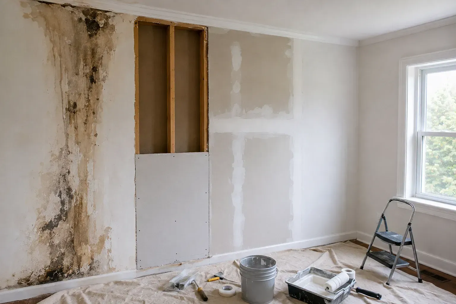 Partially renovated room with water-damaged wall, drywall patches, tools, and a window.