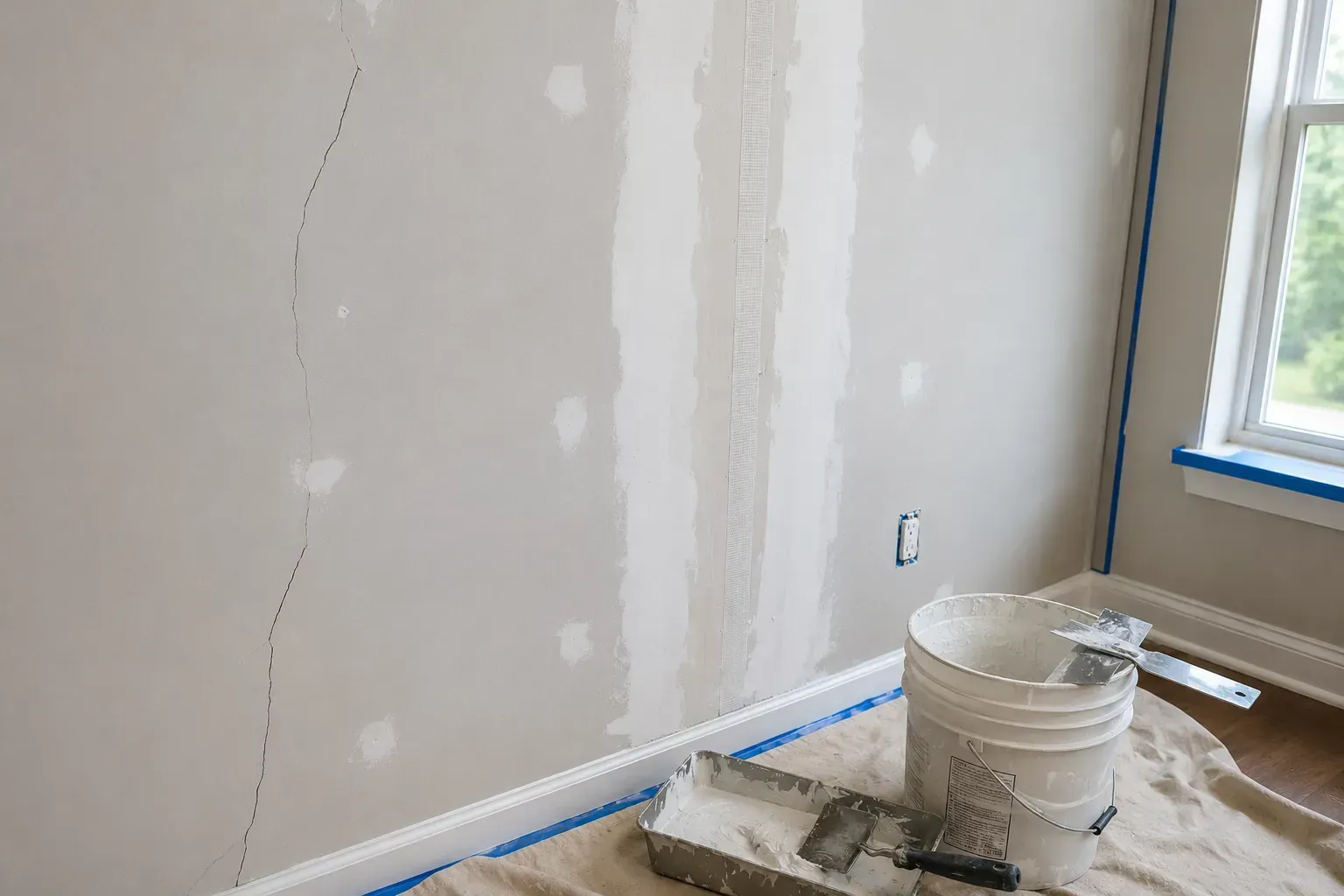 Partially painted interior wall with blue painter’s tape, window, and a paint bucket on a drop cloth