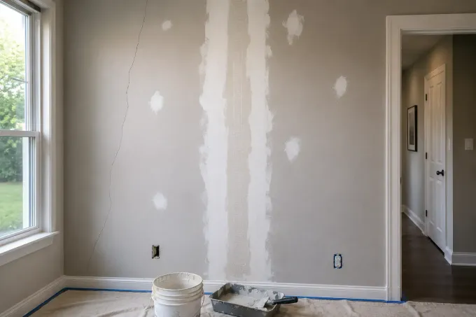 Hand applying joint compound to a white ceiling with a putty knife