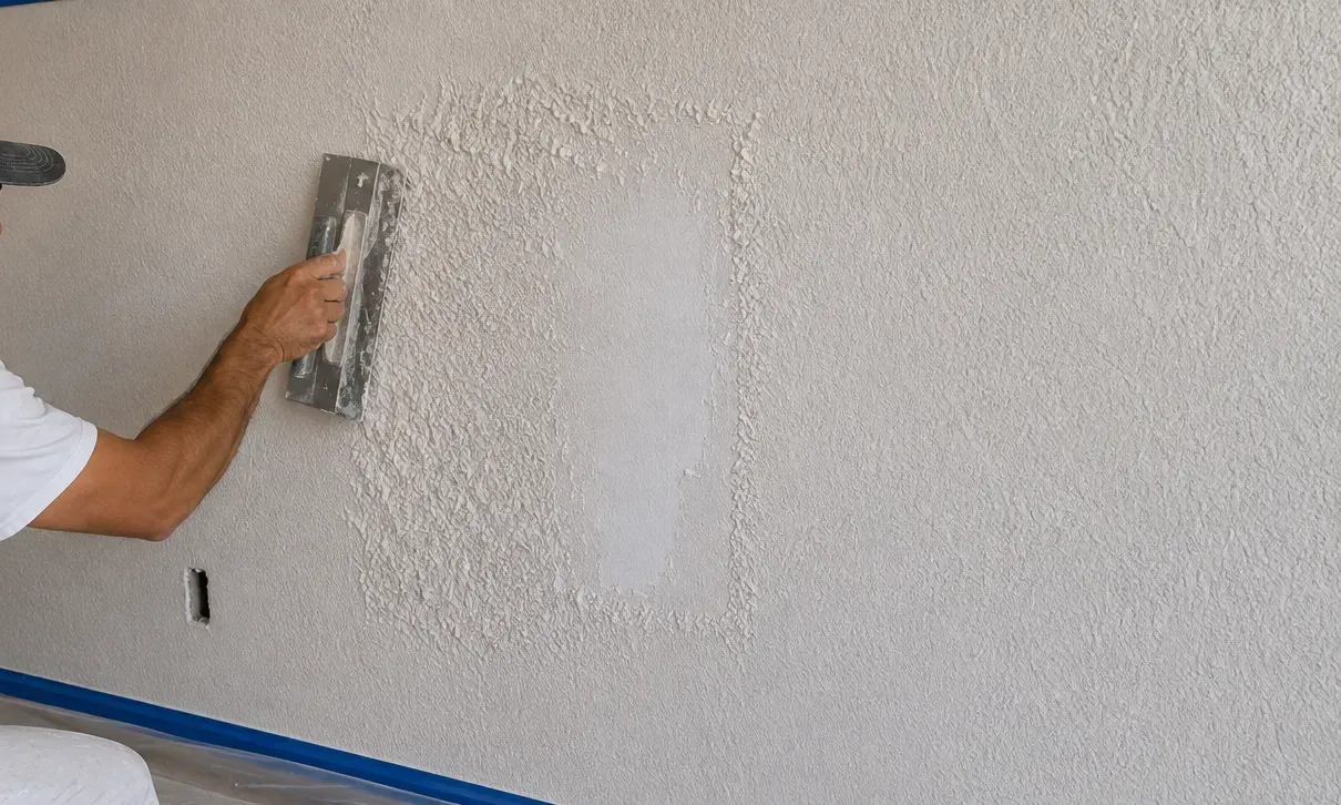 Person smoothing white plaster on a wall with a trowel.
