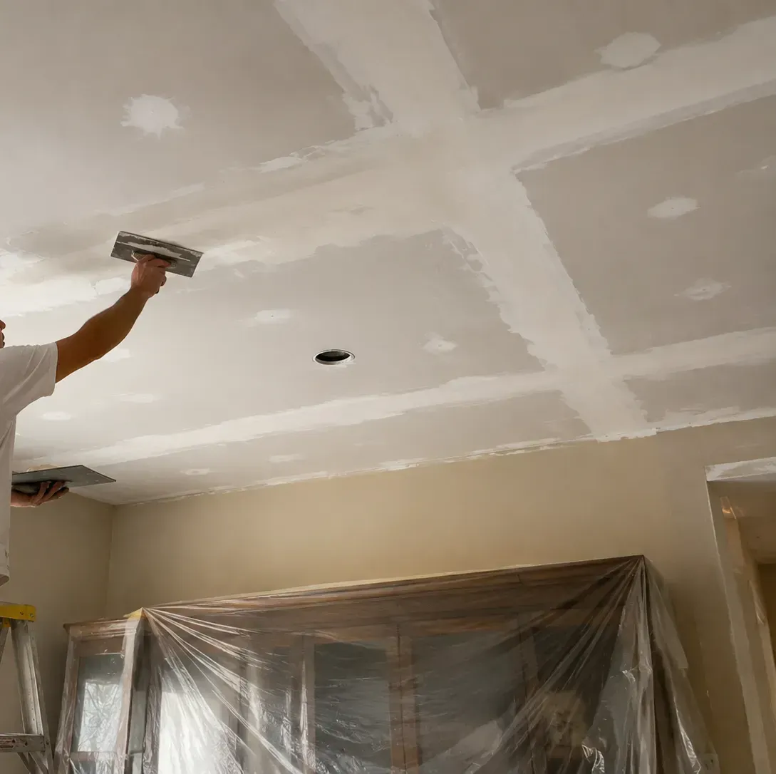 Worker plastering a white ceiling in a room under renovation, with plastic covering furniture below