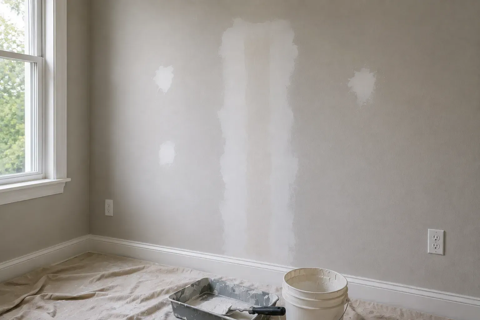 Freshly painted empty room with gray walls, window, and paint supplies on the floor