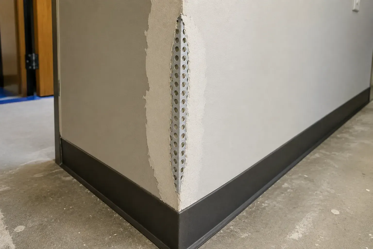 Damaged corner of a beige wall with exposed corner bead in a hallway or room interior.