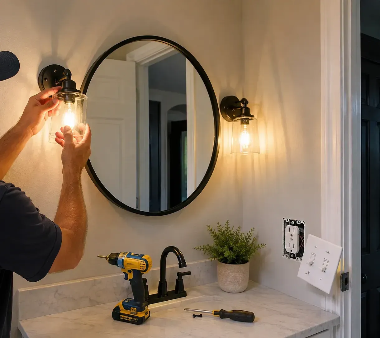 Person installing a wall sconce beside an oval mirror above a bathroom vanity with tools on the counter