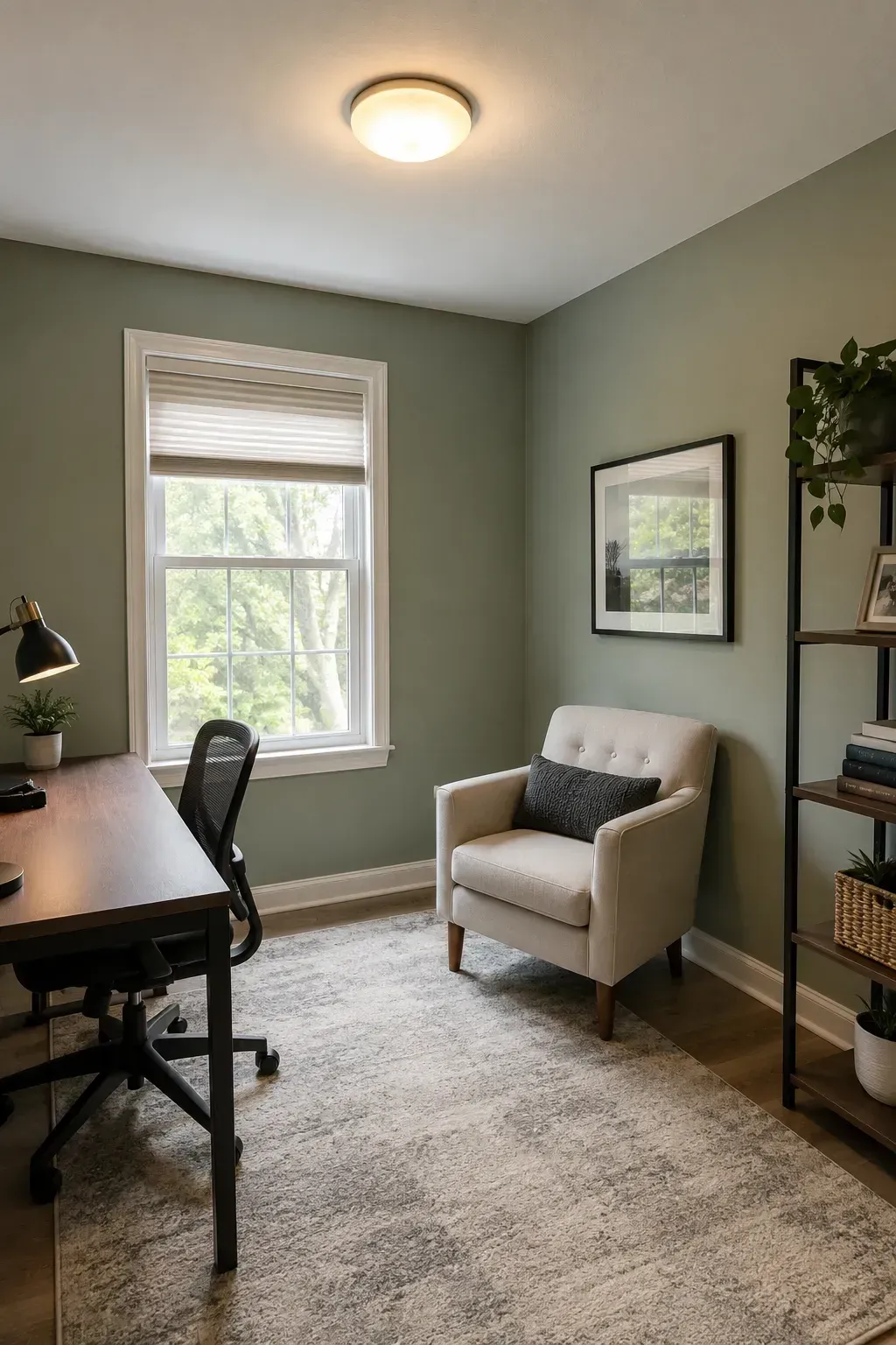 Small home office with desk, chair, window, armchair, and bookshelf on a light rug.