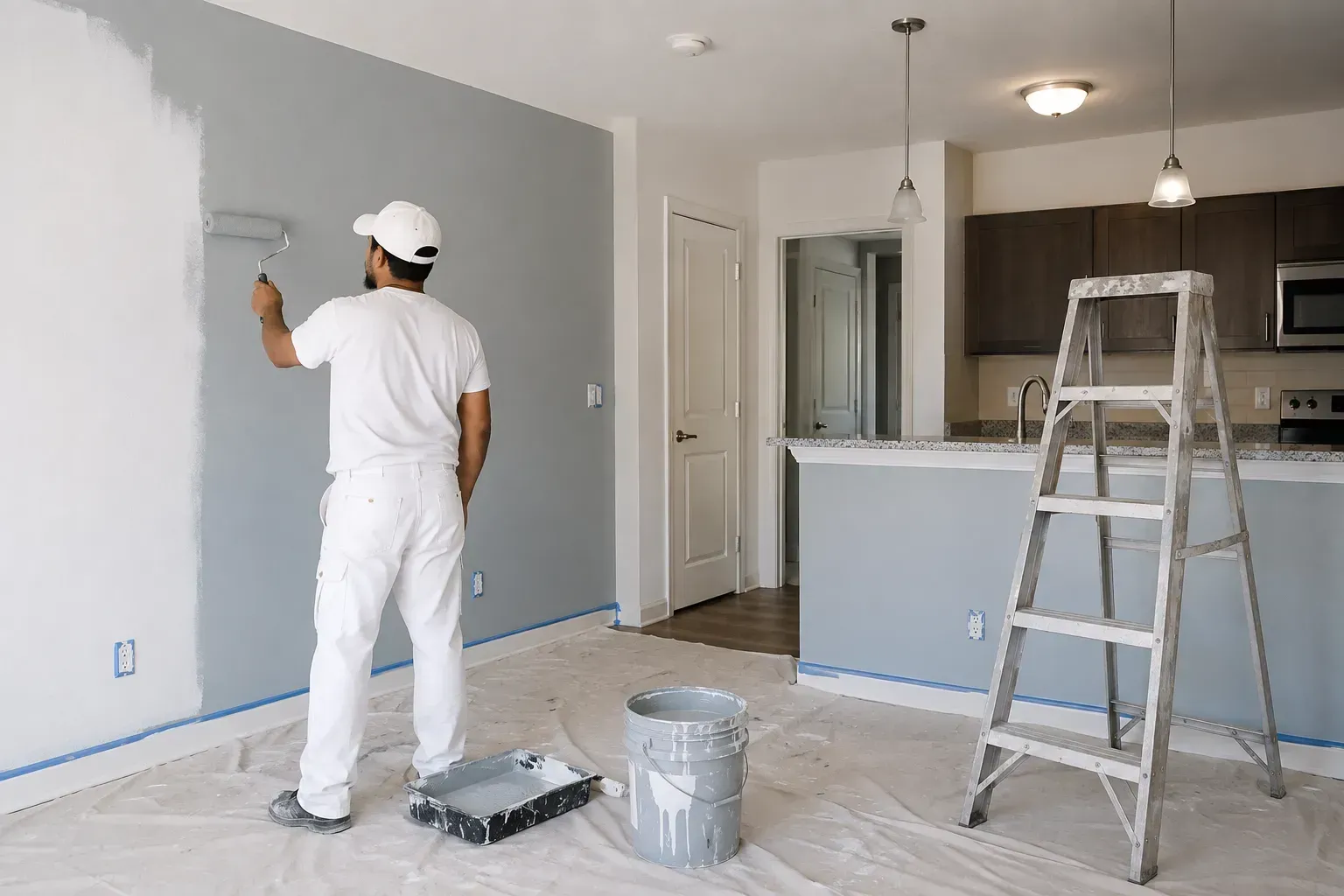 Person painting a gray wall in a kitchen, with a ladder and paint supplies nearby