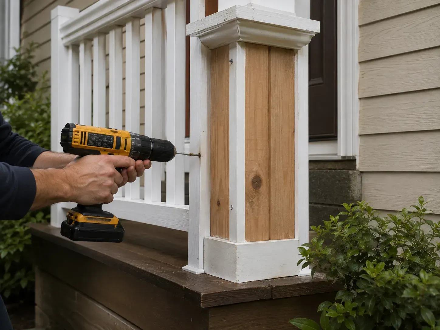 Person using a cordless drill to install a wooden post on a porch railing