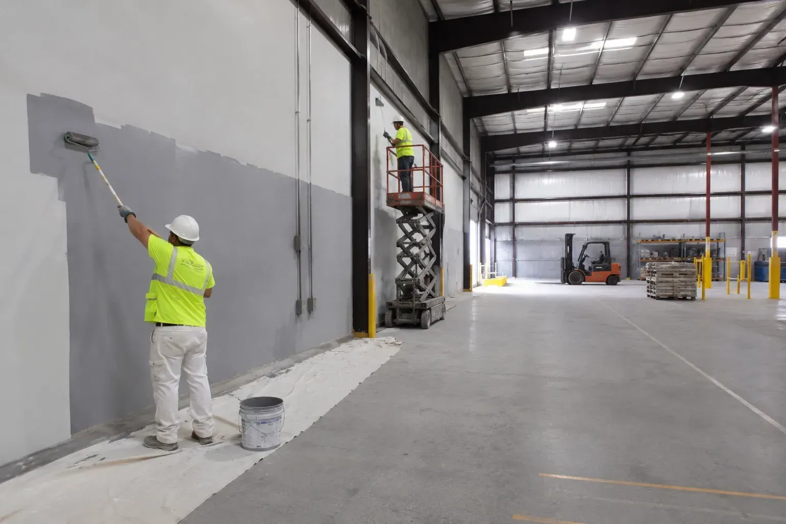 Worker painting a warehouse wall with gray paint