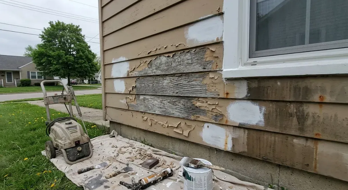 Damaged house siding with exposed repair patch and debris beside a window and wall