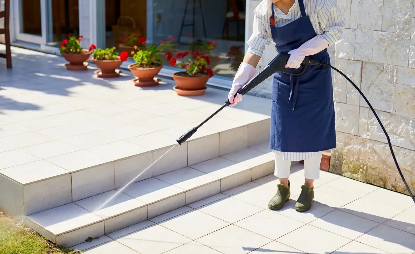 Person spraying water on outdoor stone steps near potted flowers and a stone wall